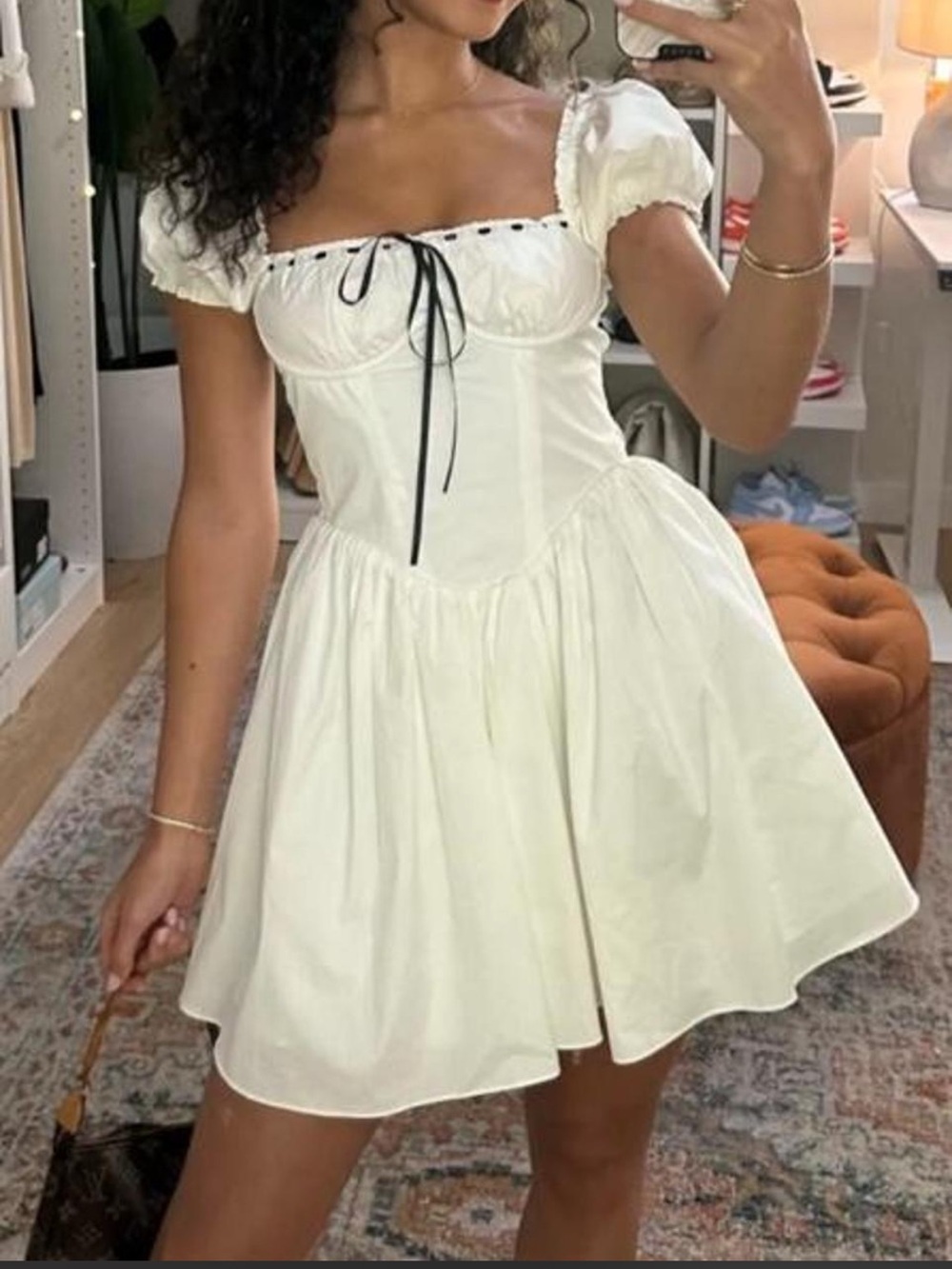 BABYBOO- white mini dress with black ribbon tie- size L.